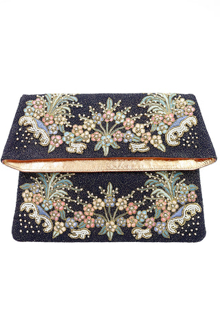 Vintage 1960s Hand Embroidered Beaded Fold Over Clutch Evening Bag