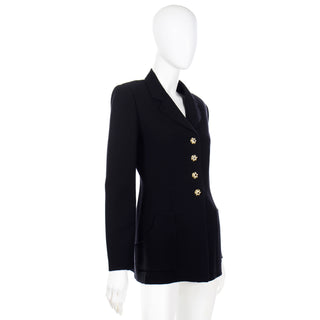 1990s Bill Blass Vintage Black Skirt & Jacket Suit w Rhinestone Buttons Blazer