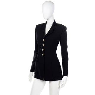 1990s Lightweight Bill Blass Vintage Black Skirt & Jacket Suit w Rhinestone Buttons