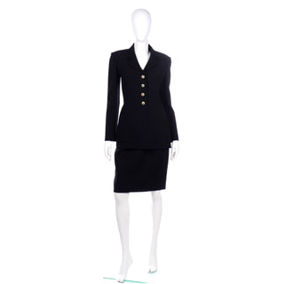1990s Bill Blass Vintage Black Skirt & Jacket Suit w Rhinestone Buttons M