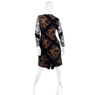 Bill Blass Vintage Black Lace & Tan Silk Evening Dress w/ Back Bow