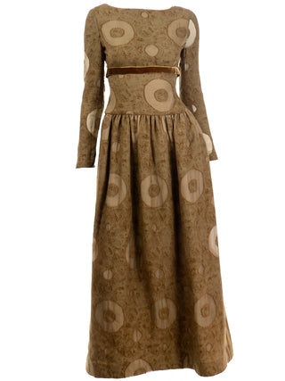 Vintage Bill Blass American Designer Evening Dress1970s Bill Blass Vintage Brown Circle Print Silk Dress w/ Velvet Ribbon