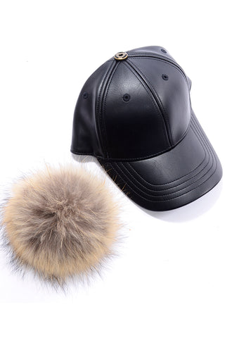 Furtalk Black Baseball Cap Hat Removable Fox Fur Pom pom