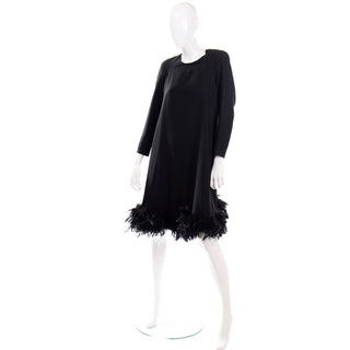 1980s I Magnin Vintage Black Trapeze Tent Dress With Black Ostrich Feathers