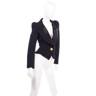 1980s Christian Lacroix Black Fitted Blazer Jacket W Medallion Button Tuxedo