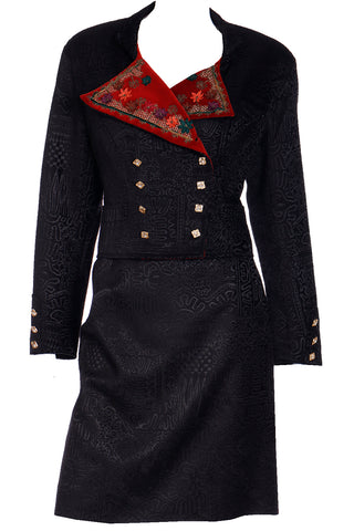 F/W 1994 Christian Lacroix Black Velvet Skirt Suit W Red Velvet Lapel