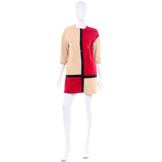 Unique Vintage 1960s Colorblock Corduroy Red Tan Mini Dress