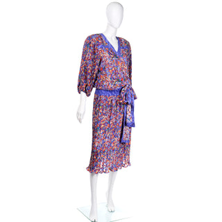 Diane Freis Vintage Bold Colorful Mixed Pattern Print 1980s Beaded Dress frilly hemline