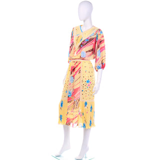 Diane Freis Vintage 1980s Yellow Pink Blue & Brown Print Dress with pleating and tassels