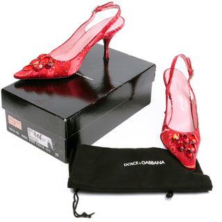 2000s Dolce & Gabbana Red Print Slingback Shoes w Red Beaded Gems with original box