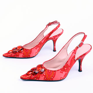 2000s Dolce & Gabbana Red Print Slingback Heels Shoes w Red Beaded Gems