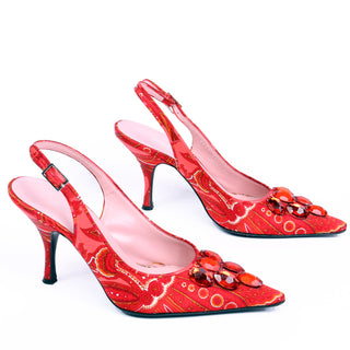 2000s Dolce & Gabbana Red Print Slingback Shoes w Red Beaded Gems size 37