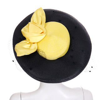 1950s Doris Black Straw Hat w Yellow Crown & Silk Rose Bow with original net