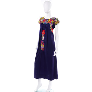 1970's Hand Embroidered Navy Blue Oaxacan Mexican Dress