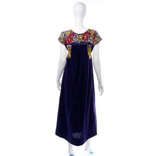 1970's Hand Embroidered Navy Blue Oaxacan Mexican Dress