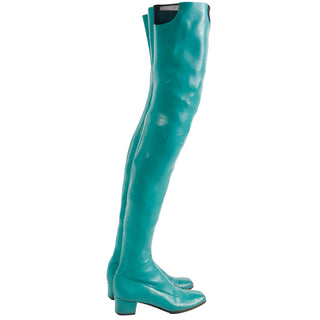 1970s French Vintage Green Thigh High Stretch Leather Boots size 6