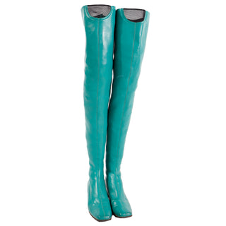 1970s French Vintage Green Thigh High Stretch Leather Boots w low heel