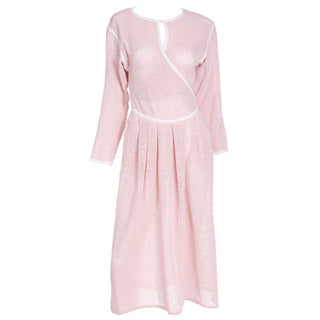 1980s Geoffrey Beene Pink Woven Cotton Wrap Dress With White Trim