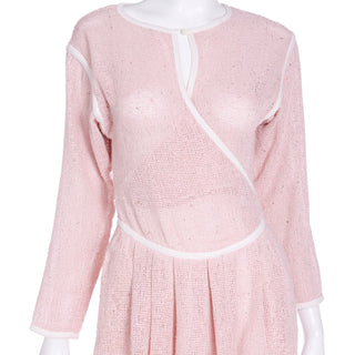 Vintage 1980s Geoffrey Beene Pink Woven Wrap Dress W White Trim