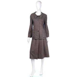 Vintage Geoffrey Beene Brown Chevron Wool Jacket w Skirt American designer