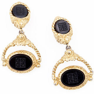 1980s Vintage Givenchy Logo Black & Gold Door Knocker Earrings Rare jewelry