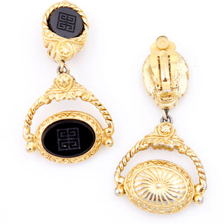1980s Vintage Givenchy Logo Black & Gold Door Knocker Clip Earrings