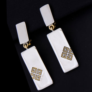 1970s Givenchy Gold & Silver Logo Rectangle Drop Earrings w clip backs