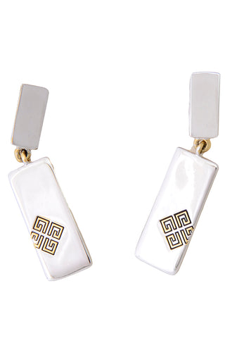 1970s Givenchy Gold & Silver Logo Rectangle Drop Earrings