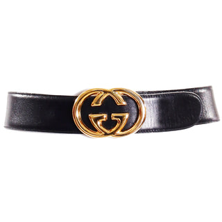 1990s Gucci Double G Gold Buckle Black Leather Belt Size 75-30 Italy