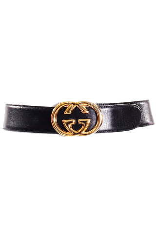 1990s Gucci Double G Gold Buckle Black Leather Belt
