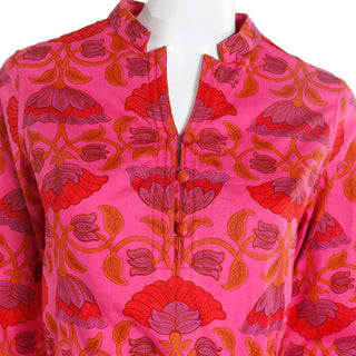 1970s Gumps San Francisco Pink & Orange Floral Cotton Dress w Belt 38 Bust