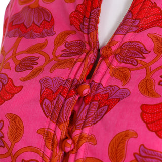 1970s Gumps San Francisco Pink & Orange Floral Cotton Dress w Belt & covered buttons