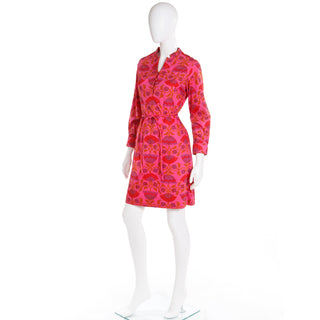 1970s Gumps San Francisco Pink & Orange Floral Cotton Dress w Belt made in Thailand