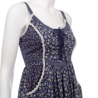 1970s Gunne Sax by Jessica Vintage Blue Floral Corset Tie Dress with polka dot and eyelet trim