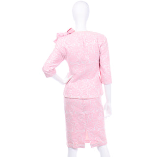 Vintage Guy Laroche Boutique Paris Pink Floral Jacquard Skirt Suit w Jacket with Bow 
