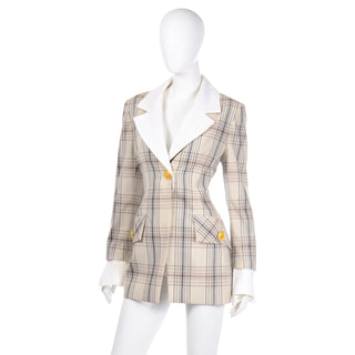 Vintage 1990s Jacques Fath Plaid Jacket with Removable Collar & Cuffs 90s