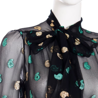 1970s Jean Patou Black Silk 2 pc Evening Dress w/ Metallic Paisley Embroidery