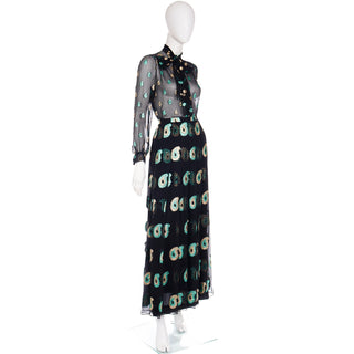 2 Pc 1970s Jean Patou Black Silk Dress w/ Metallic Paisley Embroidery