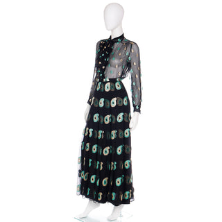 2 pc 1970s Jean Patou Black Silk Dress w/ Metallic Paisley Embroidery Small