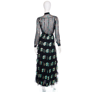 1970s Jean Patou Black Silk Dress w/ Metallic Paisley Embroidery rare 2 pc