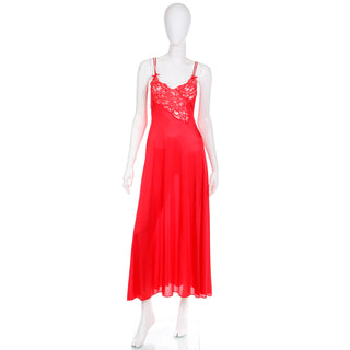 1970s Vintage Lily of France Red Nightgown Slip Dress With Lace