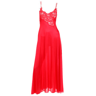 1970s Vintage Lily of France Red Nightgown Slip Dress With Lace Size  S