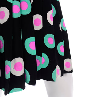 Louis Feraud Knife Pleated Silk Skirt with mint and pink target print