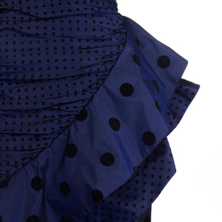 Vintage Louis Feraud Strapless Blue Polka Dot Ruffled 1980s Evening Dress Unique