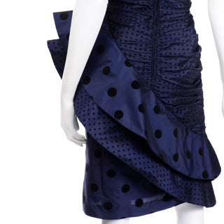 Silk Taffeta Vintage Louis Feraud Strapless Blue Polka Dot Ruffled 1980s Evening Dress