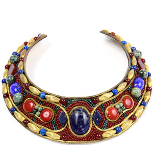 MJ Hansen 1980s Collar Necklace Gemstones and Beadwork Egyptian Inspired
