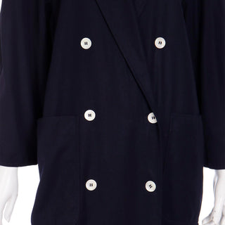 1990s Max Mara Summer Weight Wool Navy Blue Double Breasted Coat with Pockets