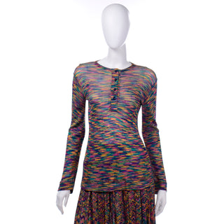 1970s rare Vintage Missoni Rainbow Multi Colored Striped Maglia Knit Skirt & Top Outfit