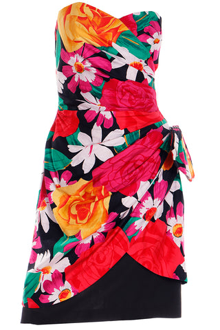 1980s A J Bari Saks Fifth Avenue Multi Colored Floral Strapless Dress