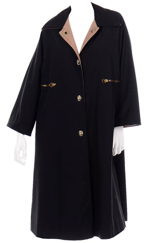1970s Vintage Bonnie Cashin Black Coat All Weather Raincoat w Cashmere Lining